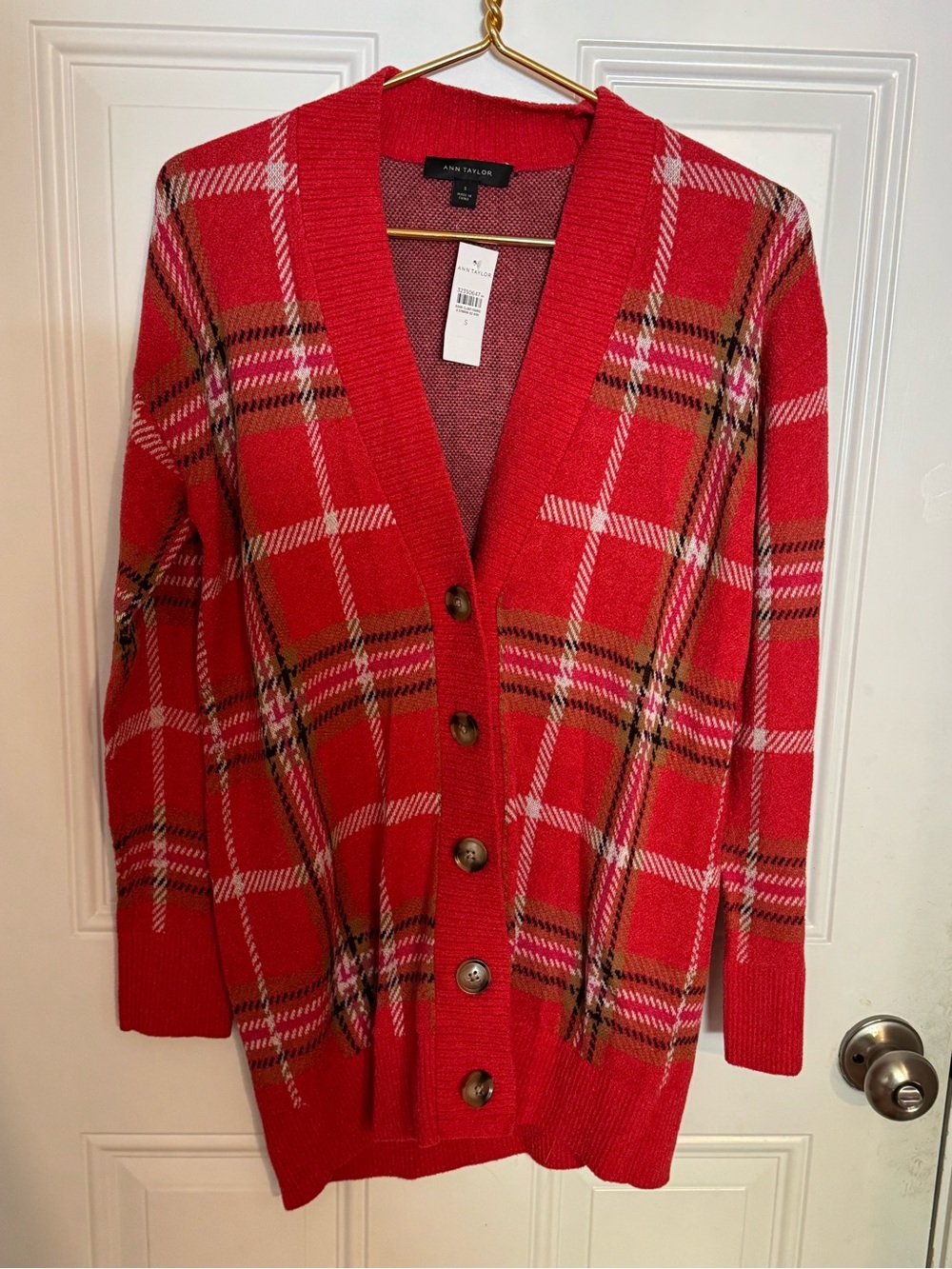 NWT Ann Taylor Red Plaid Fall Preppy Cardigan Size Small